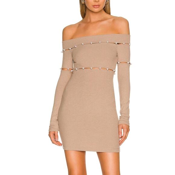 H:ours Off Shoulder Mini Dress Camel Brown SMALL Cut Out Bodycon Knit $204 NEW - Picture 1 of 9